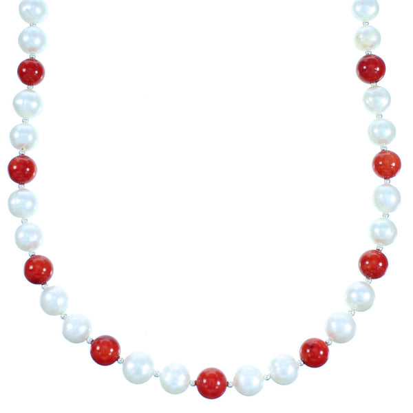 Genuine Sterling Silver Coral And Fresh Water Pearl Bead Necklace RX114230